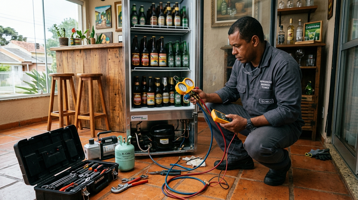 Técnico realizando manutenção de motor de cervejeira em Marília‑SP