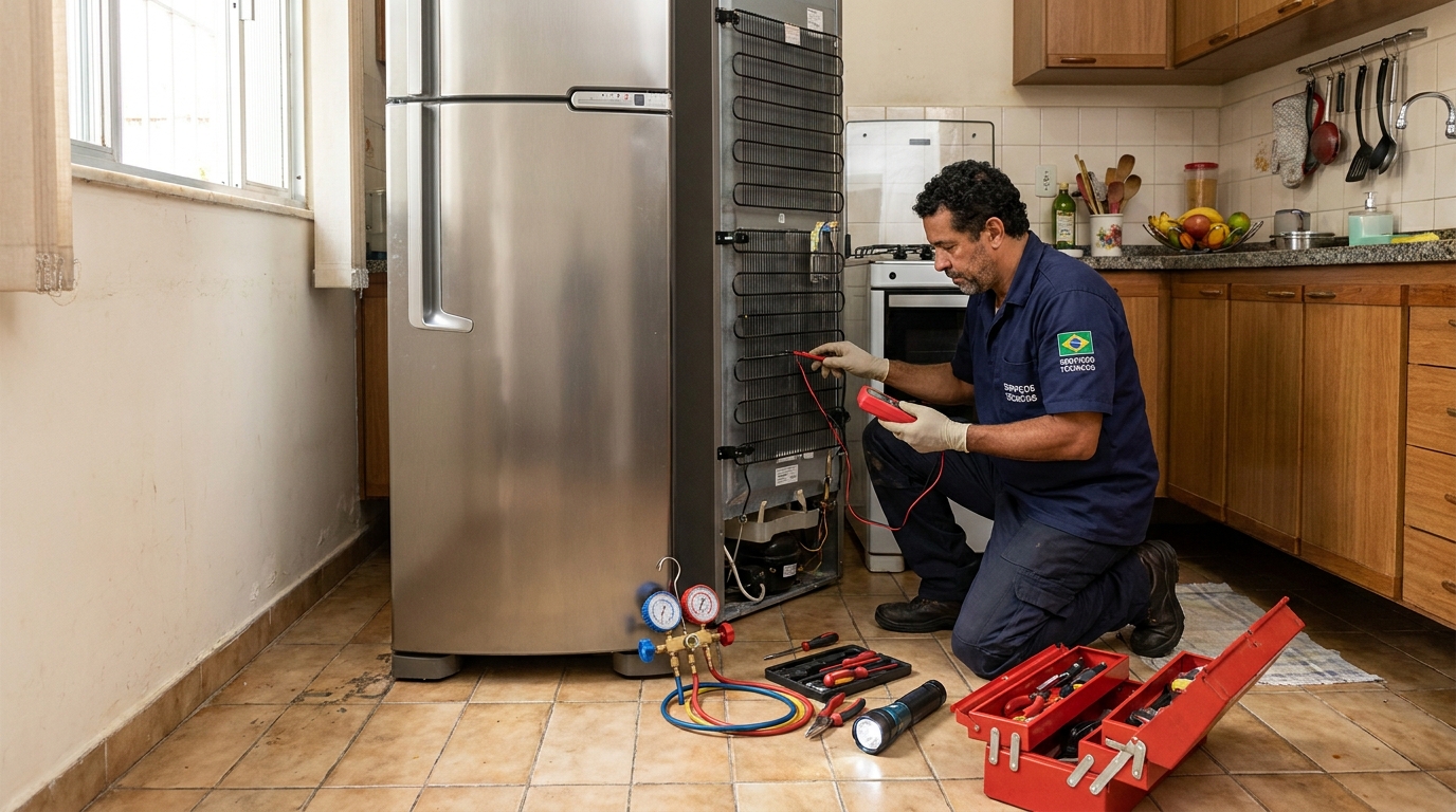 Técnico realizando manutenção de motor de geladeira em Marília‑SP