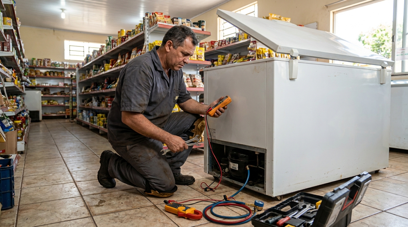 Troca de termostato de freezer em atendimento técnico em Marília‑SP
